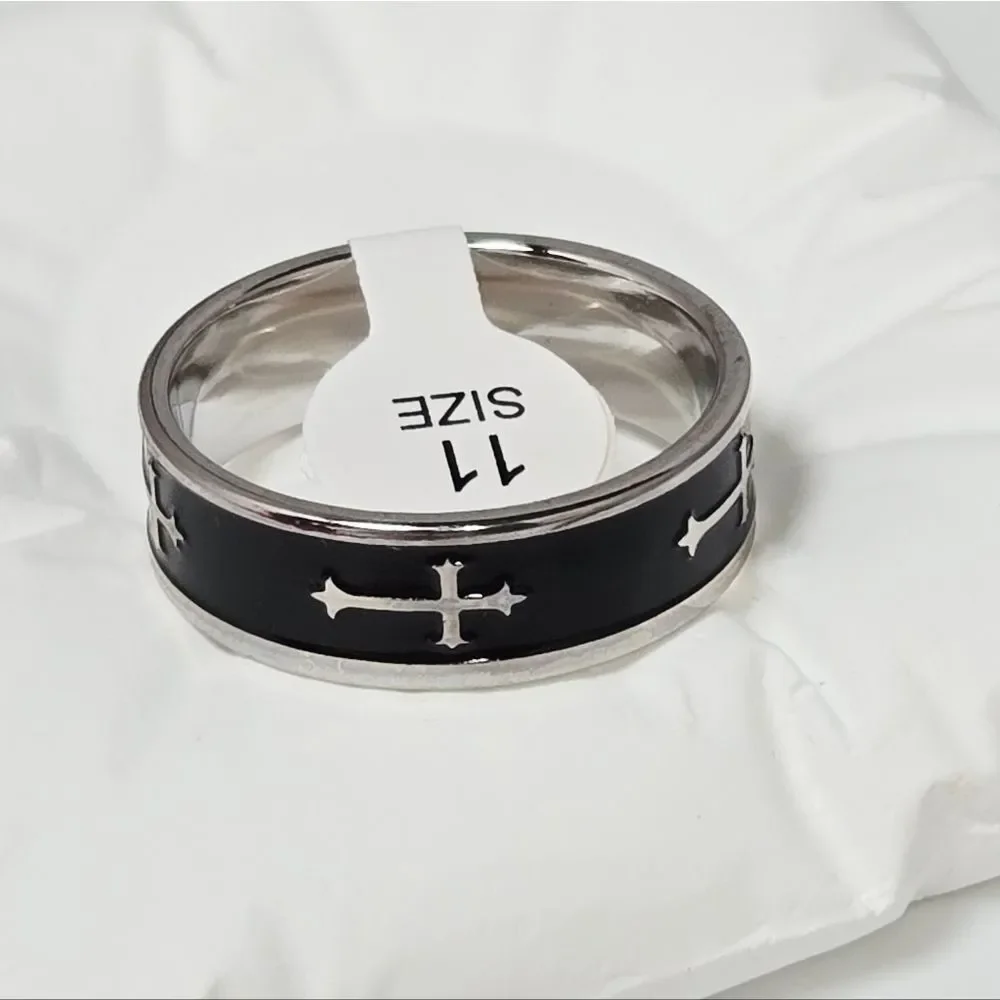 Men’s Blackened Cross Ring Stainless Steel Western Minimal 8mm Band Size 11